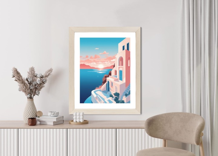 Plakat Ilustracja Z Zachodem Słońca Na Santorini