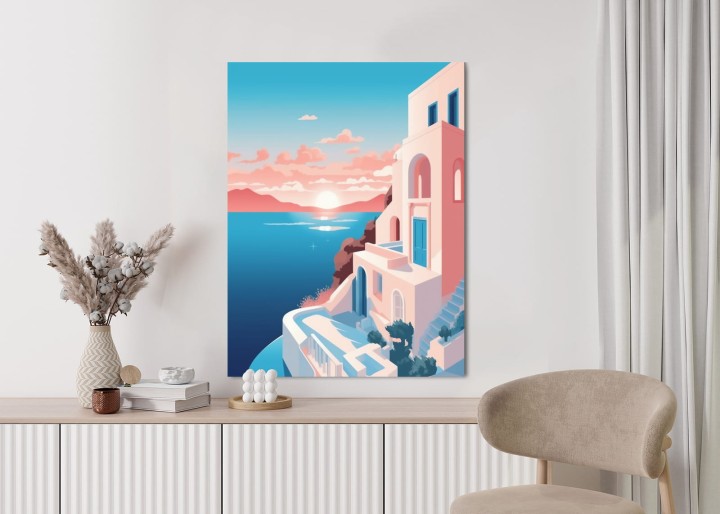 Plakat Ilustracja Z Zachodem Słońca Na Santorini