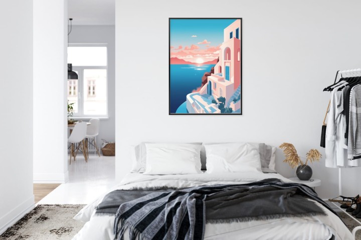 Plakat Ilustracja Z Zachodem Słońca Na Santorini