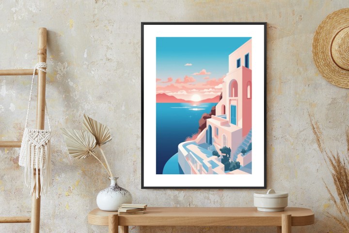 Plakat Ilustracja Z Zachodem Słońca Na Santorini