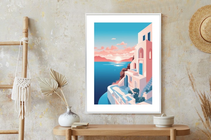 Plakat Ilustracja Z Zachodem Słońca Na Santorini