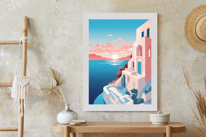 Plakat Ilustracja Z Zachodem Słońca Na Santorini