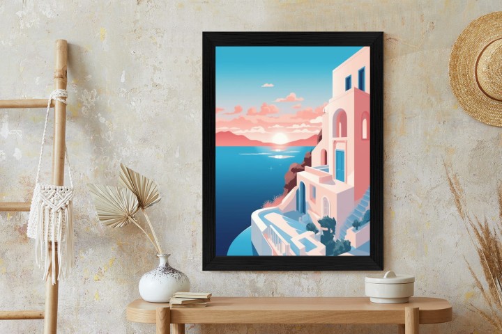 Plakat Ilustracja Z Zachodem Słońca Na Santorini