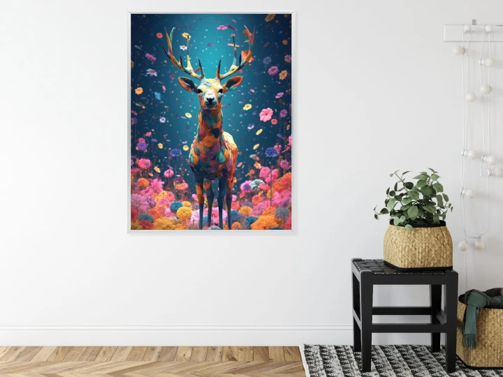 Plakat Łania Jeleń Na Środku Łąki Pełnej Kwiatów