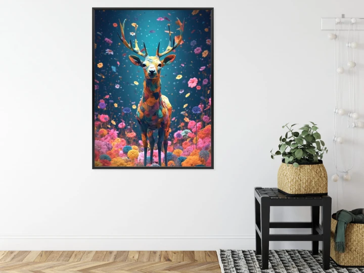 Plakat Łania Jeleń Na Środku Łąki Pełnej Kwiatów