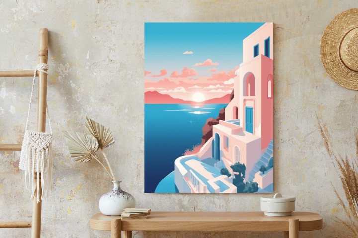 Plakat Ilustracja Z Zachodem Słońca Na Santorini