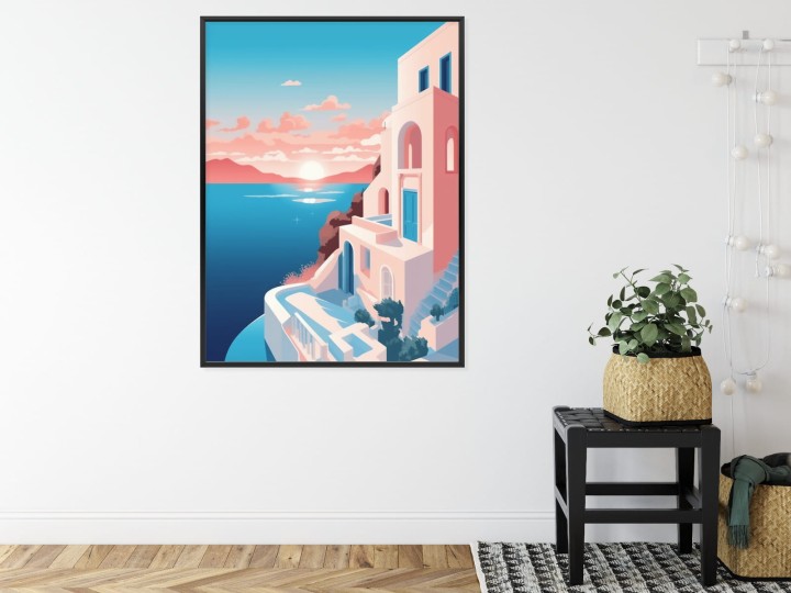 Plakat Ilustracja Z Zachodem Słońca Na Santorini