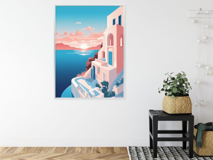 Plakat Ilustracja Z Zachodem Słońca Na Santorini