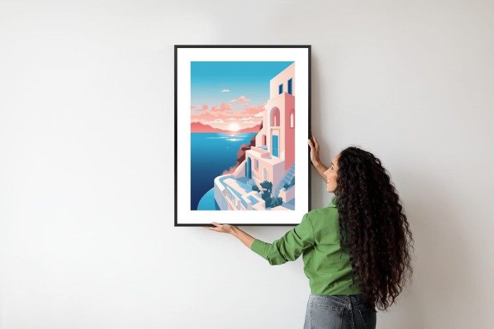 Plakat Ilustracja Z Zachodem Słońca Na Santorini