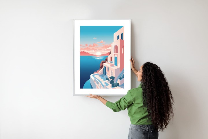 Plakat Ilustracja Z Zachodem Słońca Na Santorini