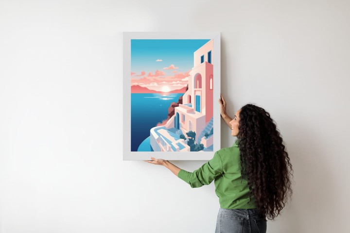 Plakat Ilustracja Z Zachodem Słońca Na Santorini