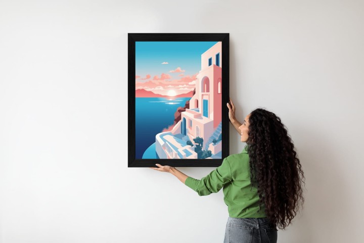 Plakat Ilustracja Z Zachodem Słońca Na Santorini