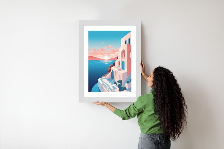 Plakat Ilustracja Z Zachodem Słońca Na Santorini