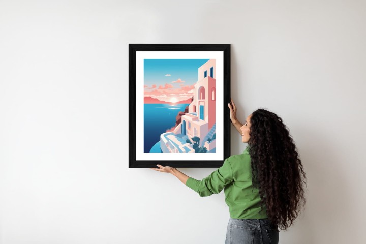 Plakat Ilustracja Z Zachodem Słońca Na Santorini