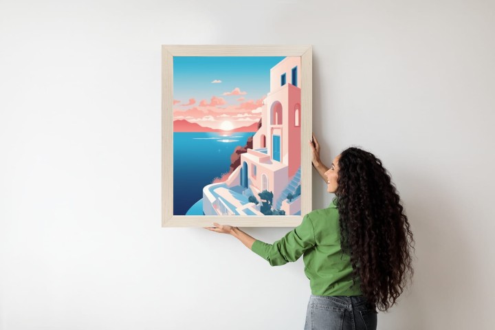 Plakat Ilustracja Z Zachodem Słońca Na Santorini