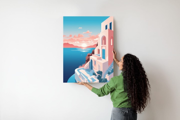 Plakat Ilustracja Z Zachodem Słońca Na Santorini