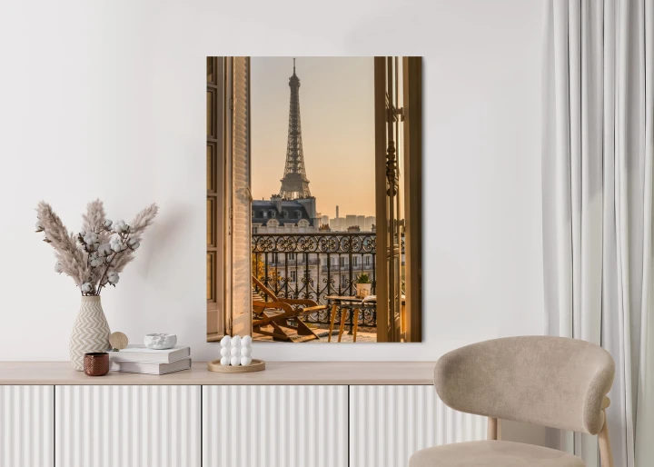 Plakat Widok Z Okna Na Paryską Wieżę Eiffla O Zachodzie Słońca