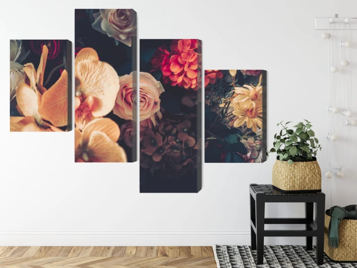 Obraz Wieloczęściowy Wielokolorowe Kwiaty W Stylu Vintage