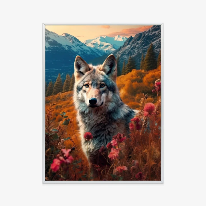 Plakat Wilk W Naturze W Górskiej Dolinie Wśród Kwiatów