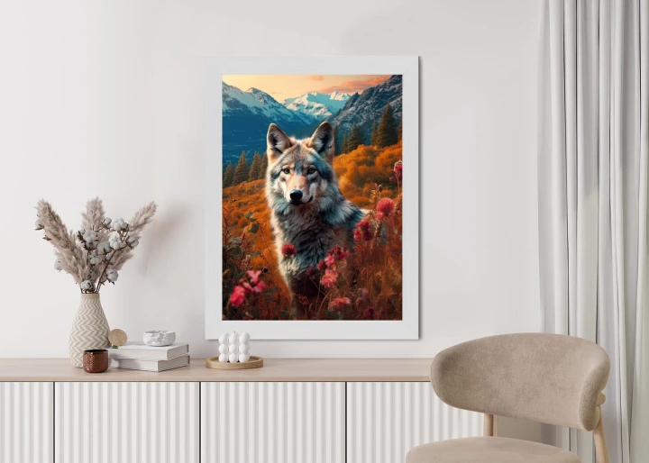 Plakat Wilk W Naturze W Górskiej Dolinie Wśród Kwiatów