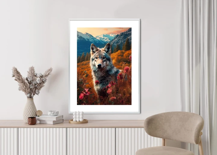 Plakat Wilk W Naturze W Górskiej Dolinie Wśród Kwiatów