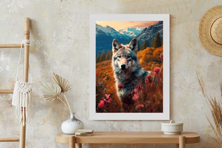 Plakat Wilk W Naturze W Górskiej Dolinie Wśród Kwiatów