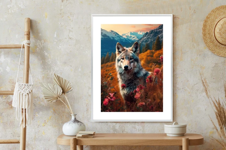 Plakat Wilk W Naturze W Górskiej Dolinie Wśród Kwiatów