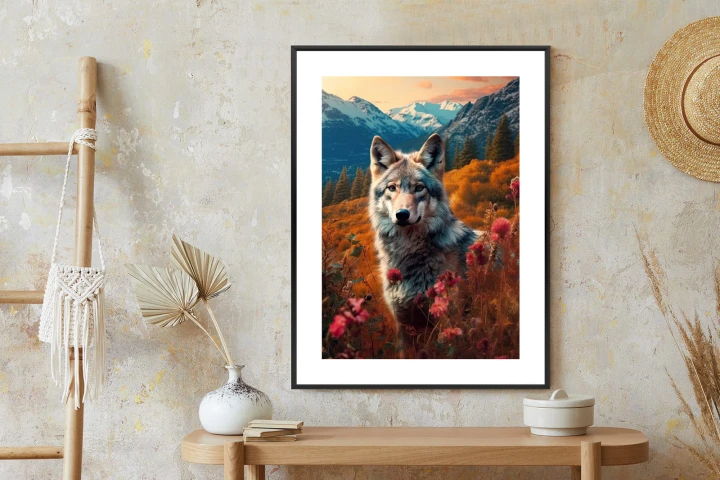 Plakat Wilk W Naturze W Górskiej Dolinie Wśród Kwiatów