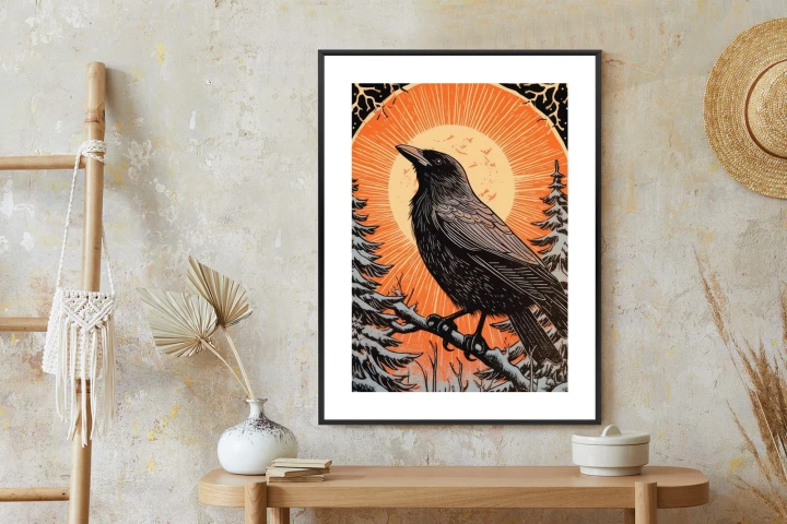 Plakat Grafika Z Krukiem W Zimie