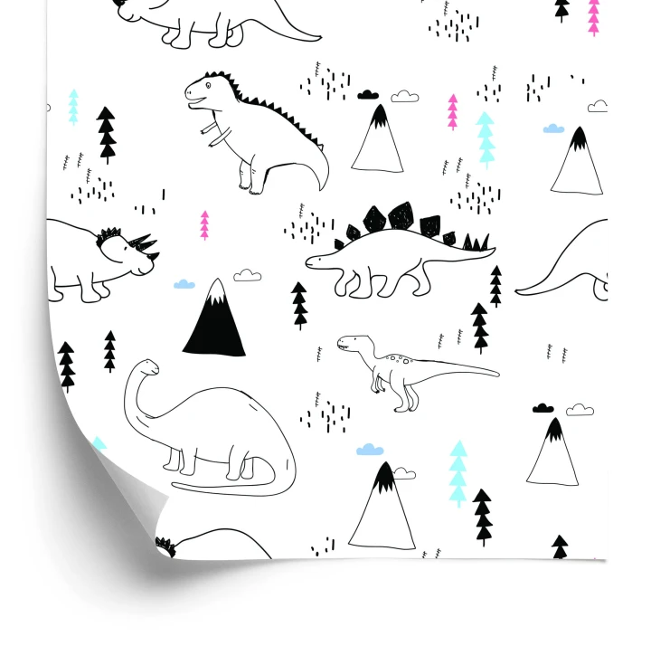 Tapeta Dla Dzieci, Dinozaury, Chmury, Góry, Drzewa