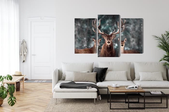 Obraz Wieloczęściowy Jeleń I Dwie Łanie W Lesie