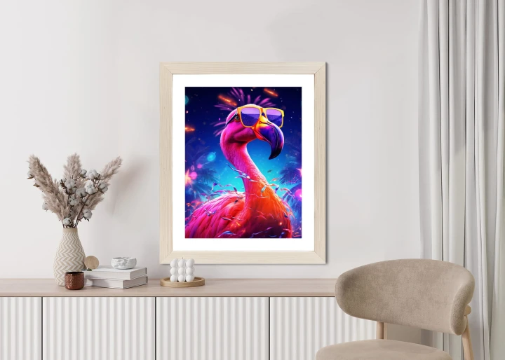 Plakat Różowy Flaming W Okularach Na Fioletowym Tle