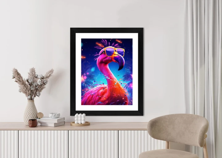 Plakat Różowy Flaming W Okularach Na Fioletowym Tle