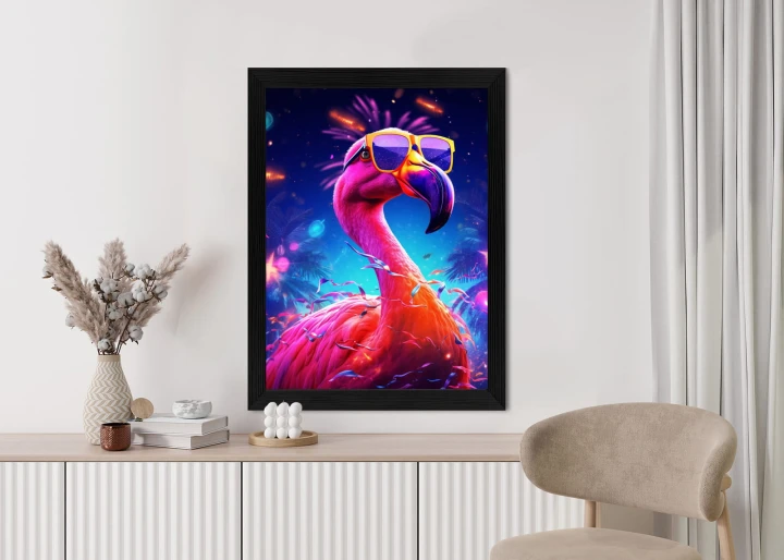 Plakat Różowy Flaming W Okularach Na Fioletowym Tle