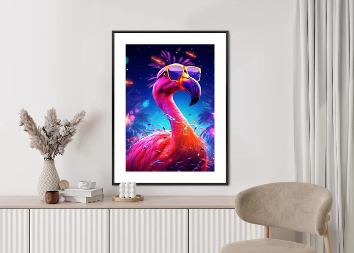 Plakat Różowy Flaming W Okularach Na Fioletowym Tle