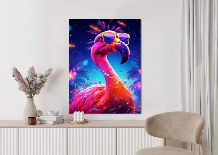 Plakat Różowy Flaming W Okularach Na Fioletowym Tle