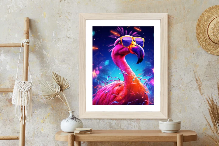 Plakat Różowy Flaming W Okularach Na Fioletowym Tle