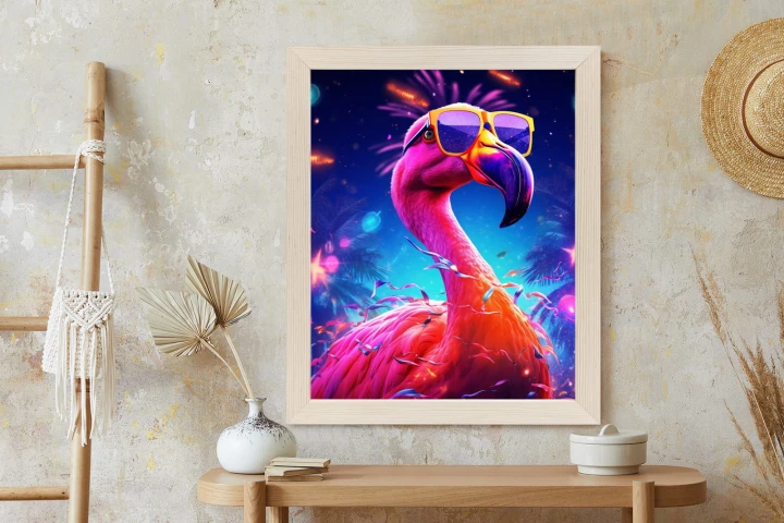 Plakat Różowy Flaming W Okularach Na Fioletowym Tle