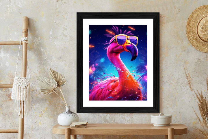 Plakat Różowy Flaming W Okularach Na Fioletowym Tle