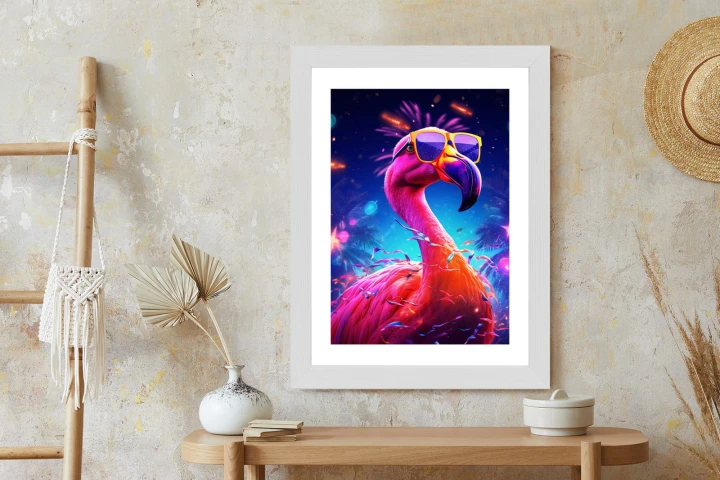 Plakat Różowy Flaming W Okularach Na Fioletowym Tle
