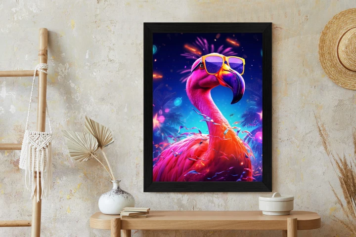 Plakat Różowy Flaming W Okularach Na Fioletowym Tle