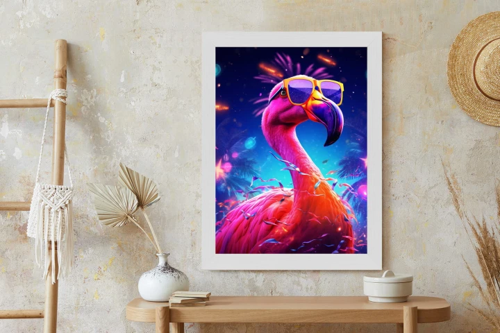 Plakat Różowy Flaming W Okularach Na Fioletowym Tle