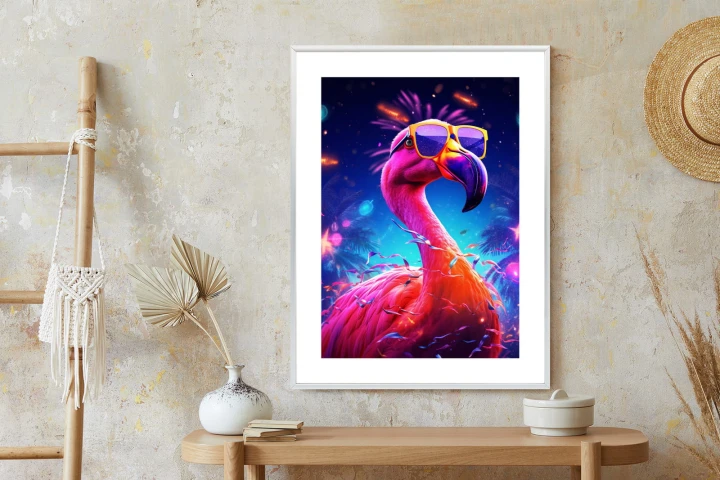 Plakat Różowy Flaming W Okularach Na Fioletowym Tle