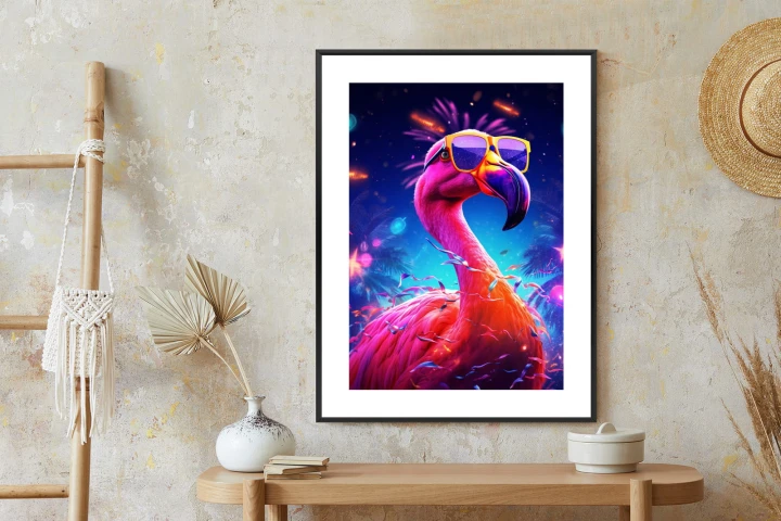 Plakat Różowy Flaming W Okularach Na Fioletowym Tle
