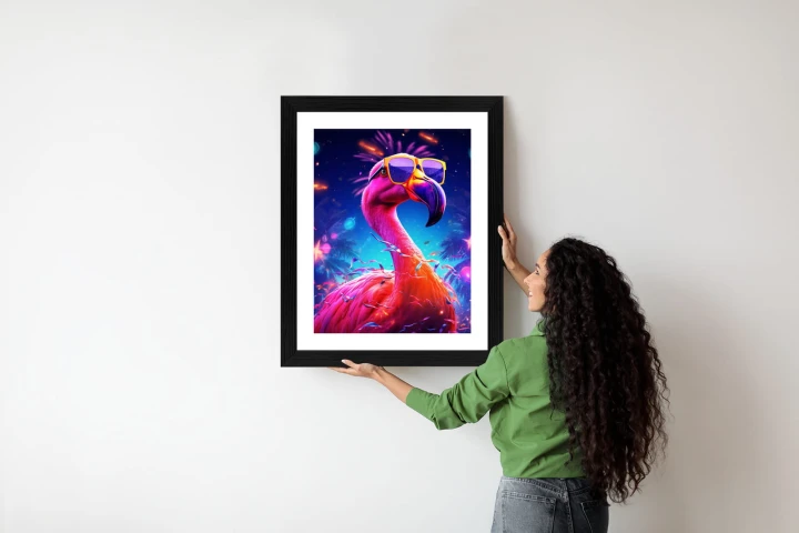 Plakat Różowy Flaming W Okularach Na Fioletowym Tle