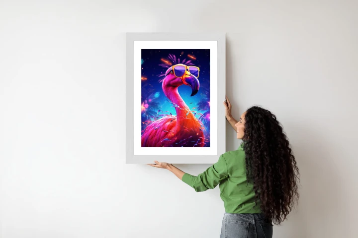 Plakat Różowy Flaming W Okularach Na Fioletowym Tle