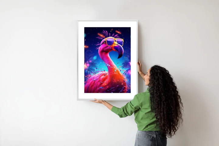 Plakat Różowy Flaming W Okularach Na Fioletowym Tle