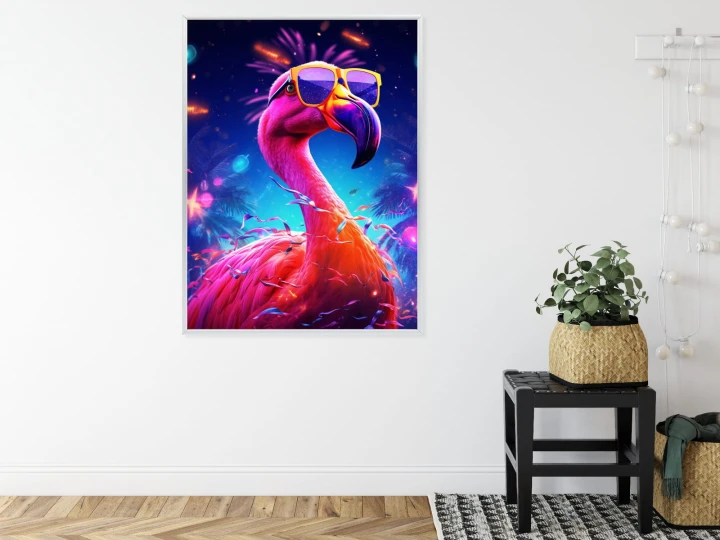 Plakat Różowy Flaming W Okularach Na Fioletowym Tle