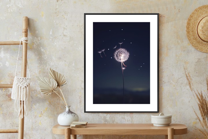 Plakat Delikatny Mniszek Lekarski Na Tle Nocnego Nieba