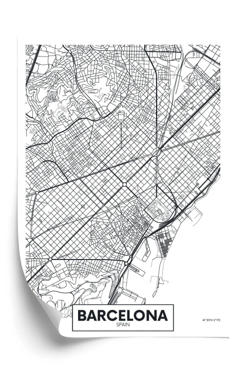 Plakat Czarno-Biała Mapa Barcelony